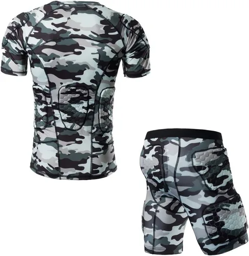 Vista 2 de DGXINJUN Men Padded Compression Shirt Sports Short Sleeve Protective Camo T-Shirt Shorts Set Shoulder Rib Chest Back Protector Pads Support Suit for