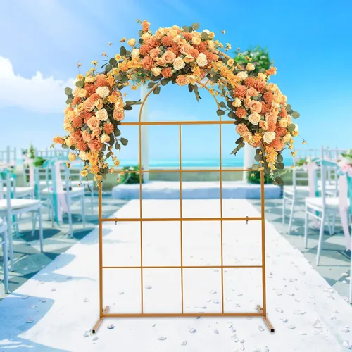 Vista 9 de Soporte de telón de fondo de arco de boda de 3.9 x 6.6 pies, soporte de arco de globos de metal, arco de boda dorado, marco de arco de globos