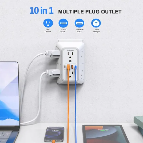 Vista 2 de JcBlaon Protector de sobretensiones extensor de salida, divisor de 6 salidas con 4 puertos USB (2 USB C), adaptador de pared de 4 lados 1050 J