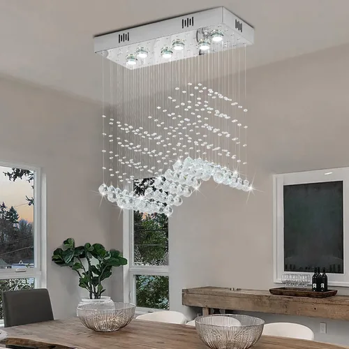 Vista 9 de Araña moderna de onda, araña rectangular de cristal con gotas de lluvia, montaje empotrado, lámpara colgante de techo cromada, ideal para comedor