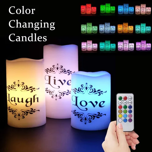 Vista 3 de Velas LED sin llama que cambian de color con control remoto de 18 teclas y temporizador, calcomanías de Live Love Laugh que funcionan