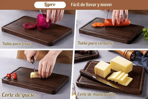 Vista 5 de AZRHOM Tabla de cortar de madera de nogal, tablas de cortar pequeñas de madera de 12 x 8 pulgadas con ranura profunda para jugo y mango lateral