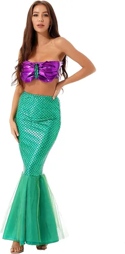 Vista 3 de Hularka Disfraz de sirena para mujer camiseta corta acolchada sin tirantes con falda estampada de escamas de pescado