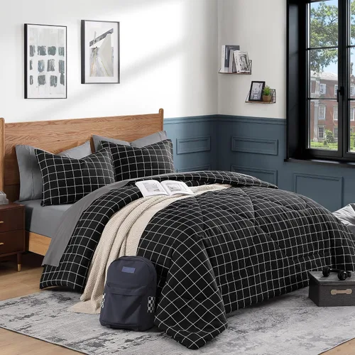 Vista 10 de Andency - Juego de cama tamaño individual con diseño de cuadrícula color beige (66 x 90 pulgadas), 2 piezas