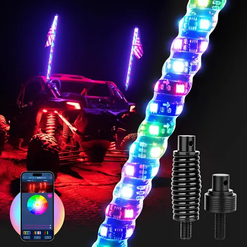 Vista 10 de MICTUNING 2PCS Luces LED Whip W1 de 3 pies con bandera y base de resorte, luces whip de persecución en espiral RGB+IC con APP, sincronización