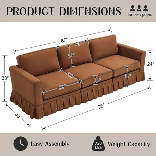 Vista 2 de CIMOTA Sofá de 89 pulgadas, sofá de 3 plazas para sala de estar, cómodo sofá modular con base con falda, asientos profundos, marco resistente, sofás