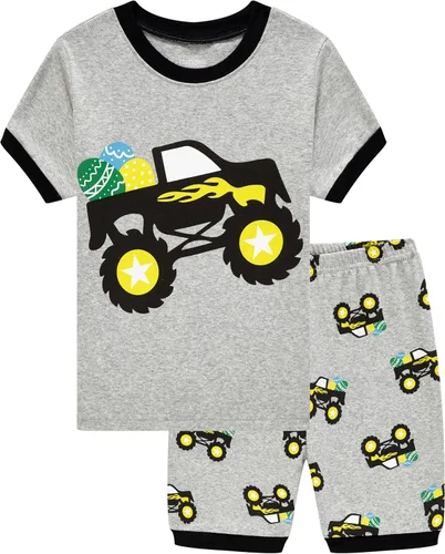 Vista 20 de Popshion Pijamas cortas de 2 piezas para niños pequeños, ropa de dormir de tiburón de tren, 100% algodón, pijamas de dinosaurio para niños pequeños