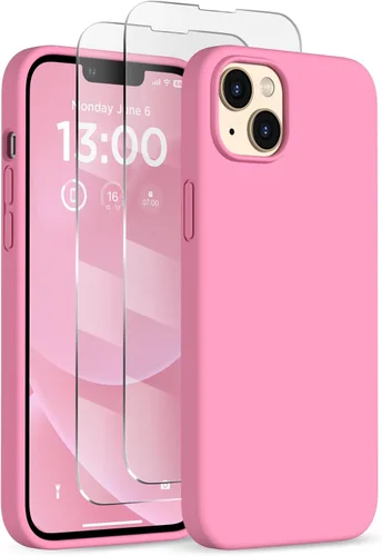 Vista 15 de Funda delgada para iPhone 13 de 6.1 pulgadas, silicona líquida a prueba de golpes, con forro de microfibra suave antiarañazos, 2 protectores