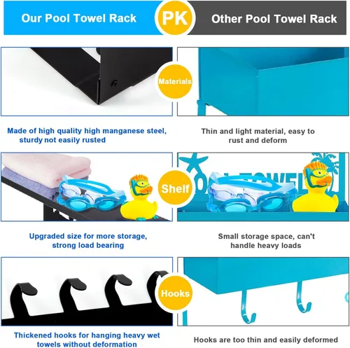 Vista 3 de Toalleros de piscina con estante 8 ganchos para piscina, baño, montaje en pared, toallero, soporte para toallas, soporte de acero al carbono
