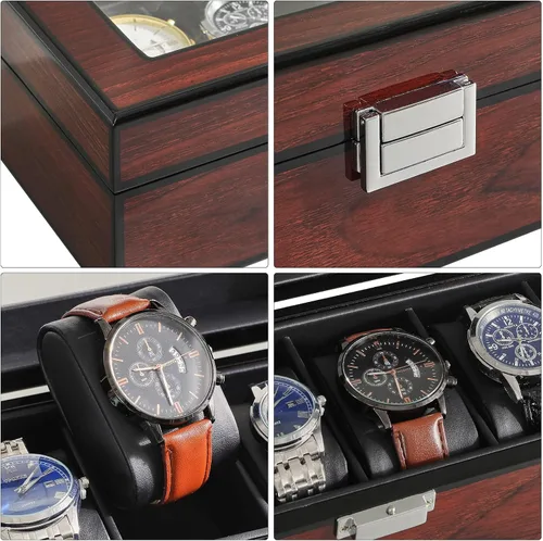 Vista 3 de IBUYKE JWB006H - Caja de reloj con almohada extraíble de 6 ranuras de madera maciza para hombre, organizador de joyas con tapa de cristal grande
