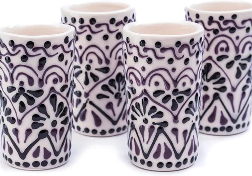 Vista 37 de Juego de 4 vasos de chupito Talavera auténticos mexicanos para tequila - Pintados a mano - 2 Oz (Corazón Azul)