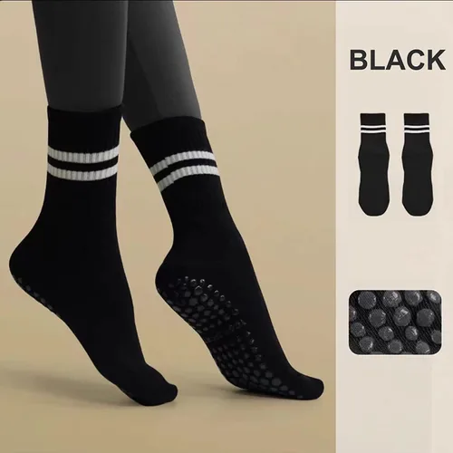 Vista 6 de Heerlijk Tavi - Calcetines largos de pilates con empuñaduras para mujer, calcetines antideslizantes con rayas para yoga, barre, deportes, hospital
