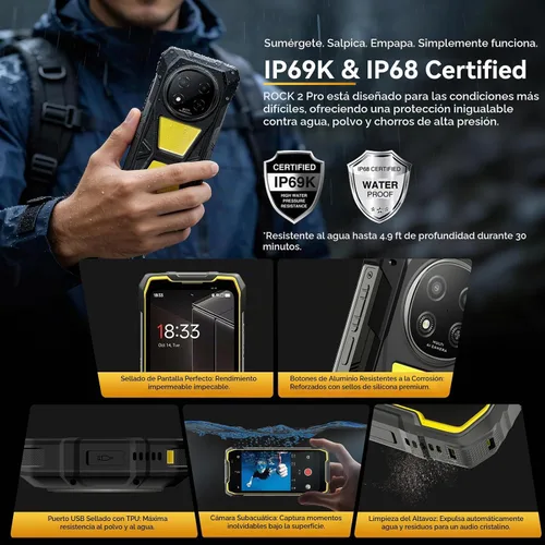Vista 6 de Blackview Rock 2 Pro 5G Teléfono resistente Android 16, 15000mAh/33W Dual 400LM luz de camping, 32 (8+24) GB+256GB/2TB Smartphone resistente Negro