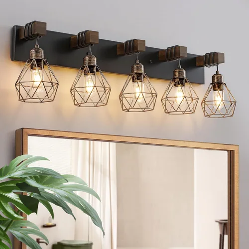 Vista 8 de Lámpara de tocador estilo casa de campo para baño, luminarias de tocador de baño de 2 luces negra dorada de madera sobre espejo, apliques rústicos