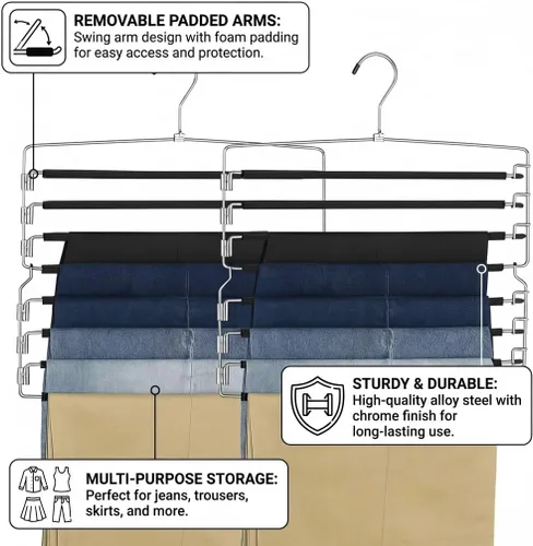 Vista 2 de USTECH Perchas de 8 niveles para pantalones (juego de 2) Percha de columpio de varios niveles con acolchado de espuma y brazo extraíble Perchas