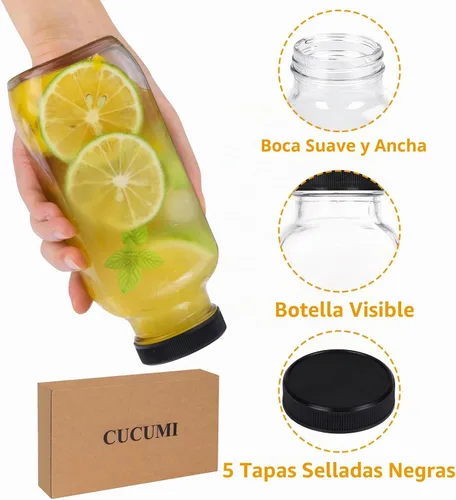 Vista 4 de CUCUMI 5 botellas de jugo de vidrio de 16 onzas con tapas, recipientes reutilizables para jugo, tarros de agua con cepillo, popotes de vidrio, tapas
