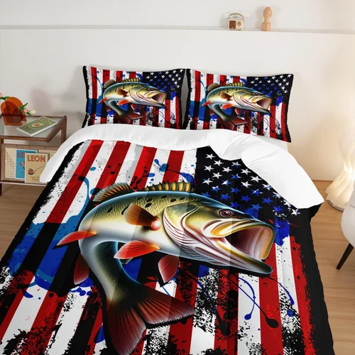 Vista 4 de HOSIMA Juego de edredón de pesca de lucio grande, juego de cama de caza y pesca con patrón de bandera estadounidense de perca, tamaño individual