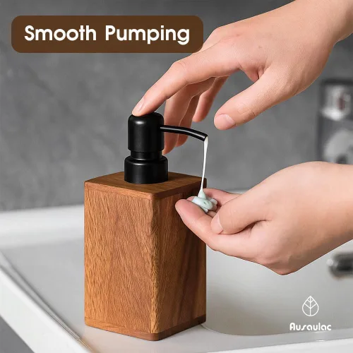 Vista 6 de Dispensador de jabón de madera maciza de 6.8 fl oz para baño, cocina, bomba de jabón de manos recargable de madera, dispensador de loción