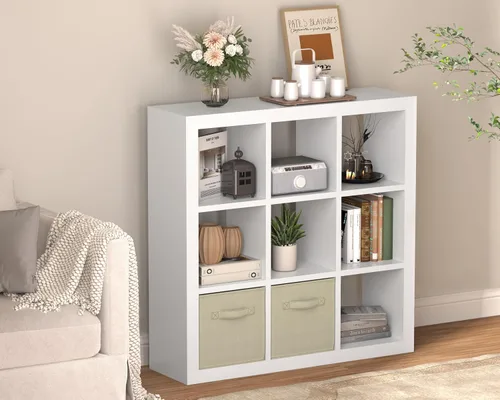 Vista 22 de Estantería con contenedor de almacenamiento, organizador de almacenamiento de 6 cubos, estantería abierta de madera moderna, estante de cubículos