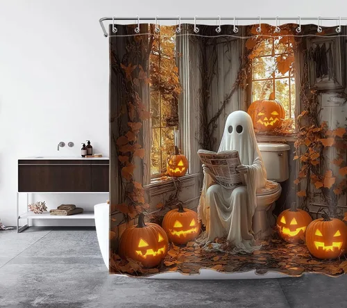 Vista 32 de LB Cortina de ducha de feliz Halloween para baño, flamenco rosa y calabaza naranja con sombrero mágico, cortina de ducha de tela con ganchos, juego