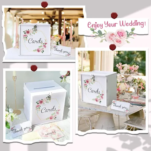 Vista 6 de OurWarm Caja de tarjetas de boda blanca de PVC con cerradura, caja de tarjeta de regalo para recepción de boda, caja de sobres de dinero de boda