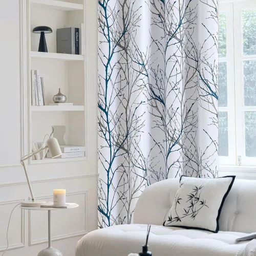 Vista 6 de FMFUNCTEX Cortinas 100% Opacas Azul Blanco con Forro de Árbol para Dormitorio, Cortinas de 63 Pulgadas de Largo con Patrón de Ramas para Sala