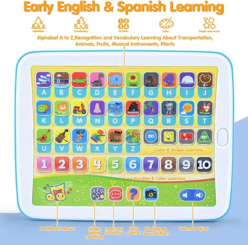 Vista 3 de PLAY Juguetes bilingües de aprendizaje de español e inglés para niños pequeños de 1 a 3 años, tableta de aprendizaje interactiva para niños