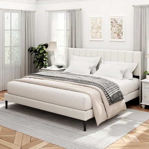 Vista 8 de Sismplly Armazón de cama tamaño completo con cabecero, respaldo acolchado con canales verticales tipo ala, no necesita somier, base de colchón