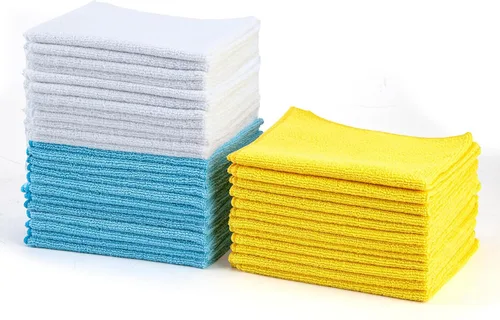Vista 14 de Paños de limpieza de microfibra Amazon Basics, no abrasivos, reutilizables y lavables, paquete de 48, azul/blanco/amarillo, 16 x 12 pulgadas