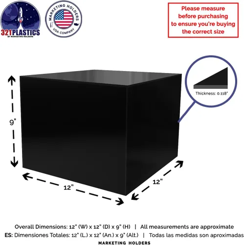 Vista 6 de Caja elevadora de acrílico de 12 x 12 x 9 pulgadas con un lado abierto sin tapa, negro brillante, versátil cubo cuadrado de almacenamiento