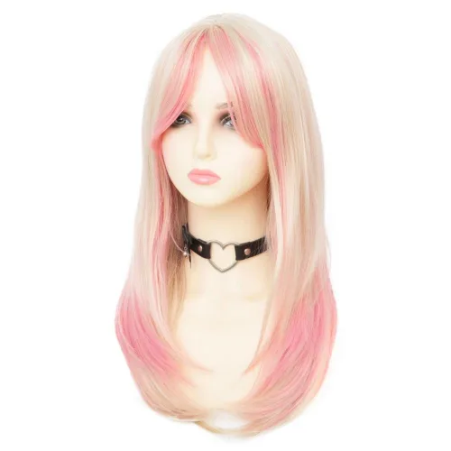 Vista 2 de Pelucas rubias y rosadas largas y rectas para mujer, con parte media, de fibra resistente al calor, para cosplay, Halloween Rubio Rosa