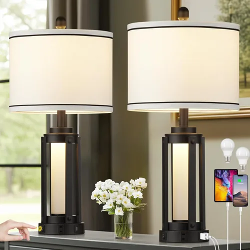 Vista 10 de Lámparas de mesa modernas, lámpara de noche industrial regulable de 3 vías con puertos USB A+C y salida de CA, control táctil, lámpara de mesita