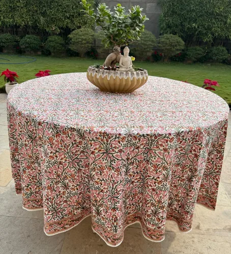 Vista 175 de Ridhi Mantel redondo estampado a mano color rosa flamenco 110 pulgadas 100%