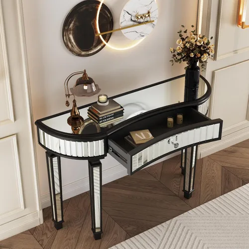 Vista 3 de SSLine Mesa consola de espejo para sala de estar de 47 pulgadas, mesa de entrada con espejo de media luna con cristal estriado y perilla de cristal