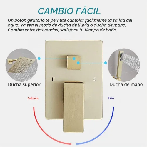Vista 4 de Sistema de ducha dorado cepillado con cabezal de ducha de lluvia de alta presión de 20.3 cm, cabezal de ducha de mano, juego combinado de Oro