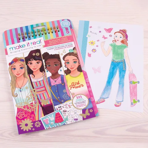 Vista 4 de Make It Real - Cuaderno de bocetos de diseño de moda: Blooming Vibes - Kit de diseño de moda para niños - Libro para colorear para niñas de 6 a 14