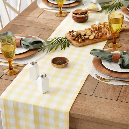 Vista 5 de DII Checkered Tabletop Collection 100% algodón, lavable a máquina, camino de mesa, 14x108, amarillo