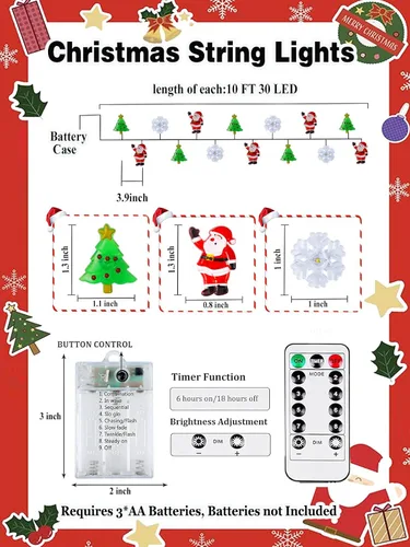 Vista 6 de Guirnalda de luces de Navidad, 10 pies, 30 LED, árbol de Navidad, Papá Noel, copo de nieve, luces de hadas, funciona con pilas, con control remoto
