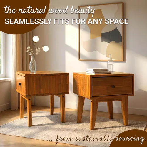 Vista 5 de Acacia Sofia - Mesita de noche con cajón, mesita de noche, mesa auxiliar de madera maciza con cajón y espacio de almacenamiento para dormitorio