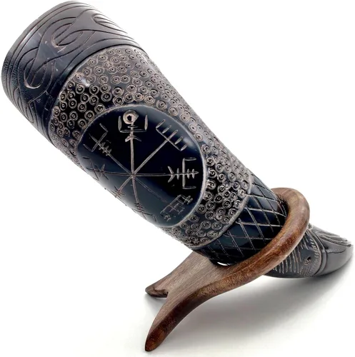 Vista 5 de Taza de cuerno vikingo, jarra hecha a mano de estilo nórdico con soporte, auténtica taza medieval de Ale, ideal para festivales renacentistas