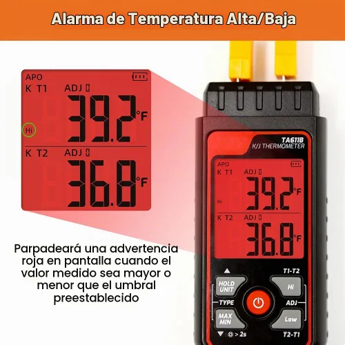 Vista 4 de Termómetro de termopar digital de doble canal tipo K/J - 328 ~ 2501 ℉ Medidor de temperatura industrial HVAC con 4 sondas de termopar tipo K