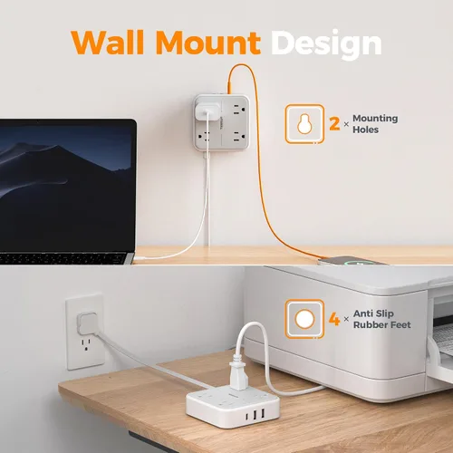 Vista 7 de TESSAN Cable de extensión plano protector de sobretensiones de 1 pie, regleta de enchufe con anillo con 4 tomas, 3 puertos USB (1 USB C), protección