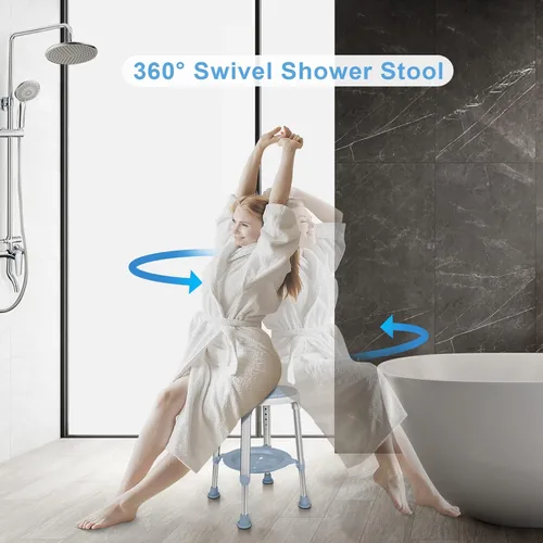 Vista 2 de Silla de ducha para ducha interior, taburete de ducha giratorio sin herramientas con bandeja de almacenamiento, silla de bañera ajustable y taburete