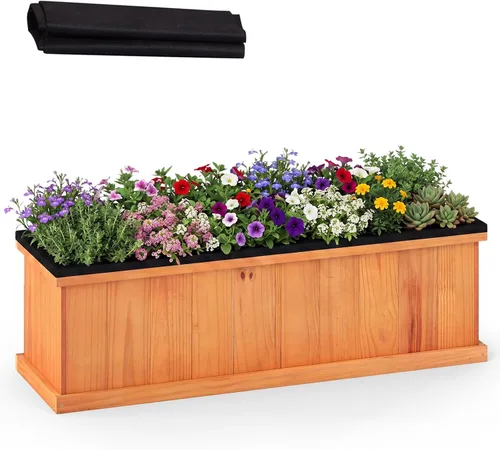 Vista 11 de HAPPYGRILL Cama de jardín elevada de madera, maceta rectangular de madera de acacia natural con forro y drenaje para hierbas de flores vegetales