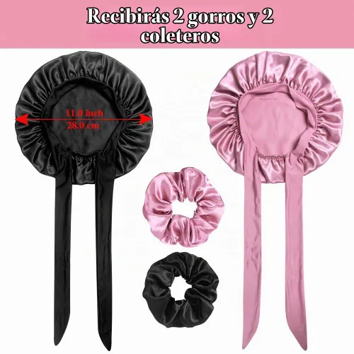 Vista 2 de 2+2 gorros de satén con coleteros para niños, bonitos gorros de pelo para niñas para dormir cabello rizado, A