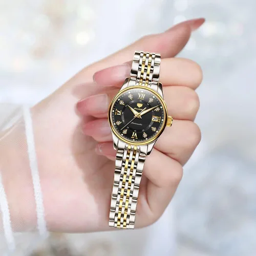 Vista 6 de OLEVS Reloj automático para mujer, de lujo, con cuerda automática, de diamante, de acero inoxidable, de fase lunar, impermeable, esfera azul luminosa