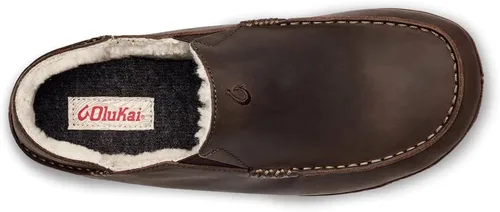 Vista 6 de OLUKAI Moloa pantuflas, Zapatos de cuero de primera calidad para hombre con suela suave, forro de piel de oveja genuina y inserto de gel, tacón