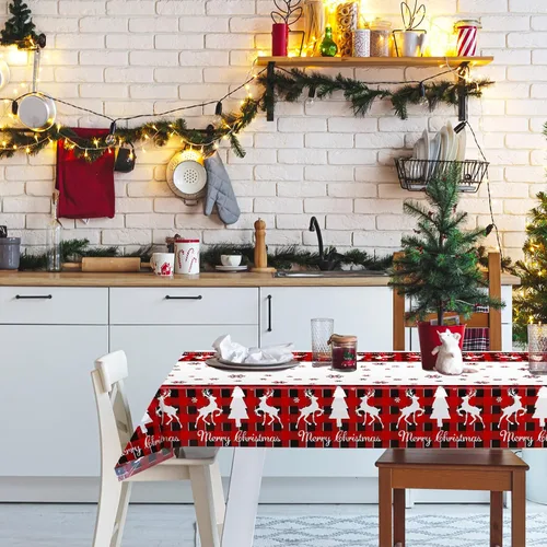 Vista 4 de Mantel de Mesa Feliz Navidad de Plástico a Cuadros Buffalo Mantel Rojo y Negro a Cuadros Copo de Nieve Mantel Rectangular Cubierta de Mesa Navideña