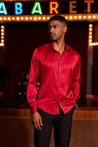 Vista 5 de COOFANDY - Camisas de vestir de seda de satén para hombre, con manga larga, diseño jacquard floral, botones, para fiesta, graduación y boda
