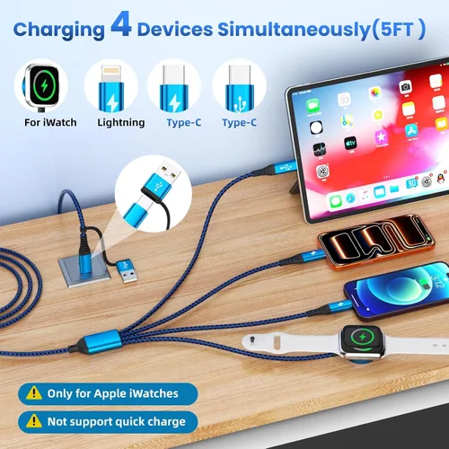 Vista 2 de Cable de Carga Múltiple para Cargador de Apple Watch, 4 en 1 Cable Cargador de Teléfono USB A/C con Doble Tipo-C/IP, Cable Magnético iWatch de Nylon